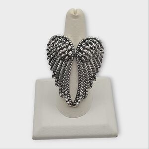 Textured Angel Wings Antique Silver Tone Statement Ring